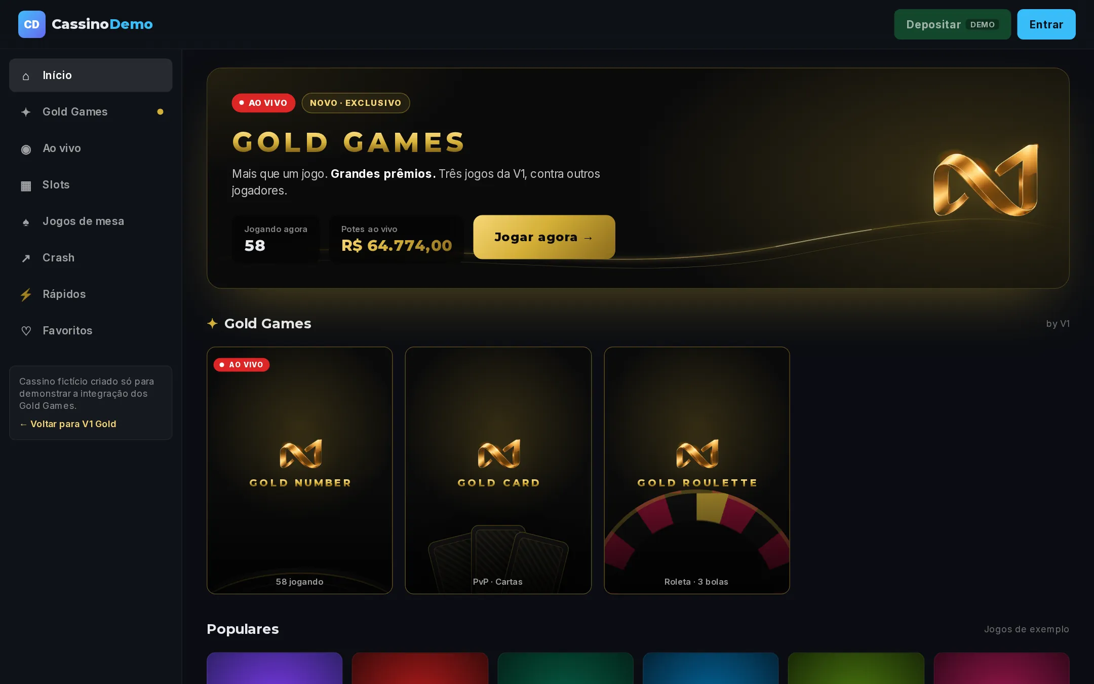 Tela do cassino demo com a seção Gold Games